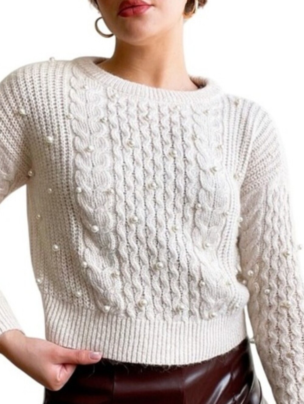 Abercrombie & Fitch Cream Alpaca Wool Cable Knit Sweater with Pearls Sx XS